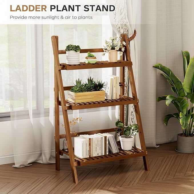 Bamboo Ladder Shelf Plant Shelf, 3 Tier Foldable Ladder Flower Pot Display Shelf Rack, Freestanding Ladder Bookshelf for Garden, Balcony, Yard, Patio, Lawn, Living Room, 23.6"W x 15"D x 39.4"H, Walnut