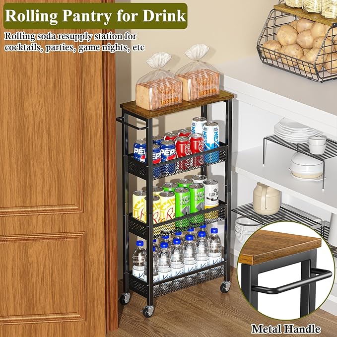 Utility Slim Storage Cart, 4 Tier Small Rolling Kitchen Laundry Room Cart with Wood Top, Metal Narrow Bathroom Storage Cabinet Mobile Shelf Unit Organizer Trolley with Handle for Narrow Space