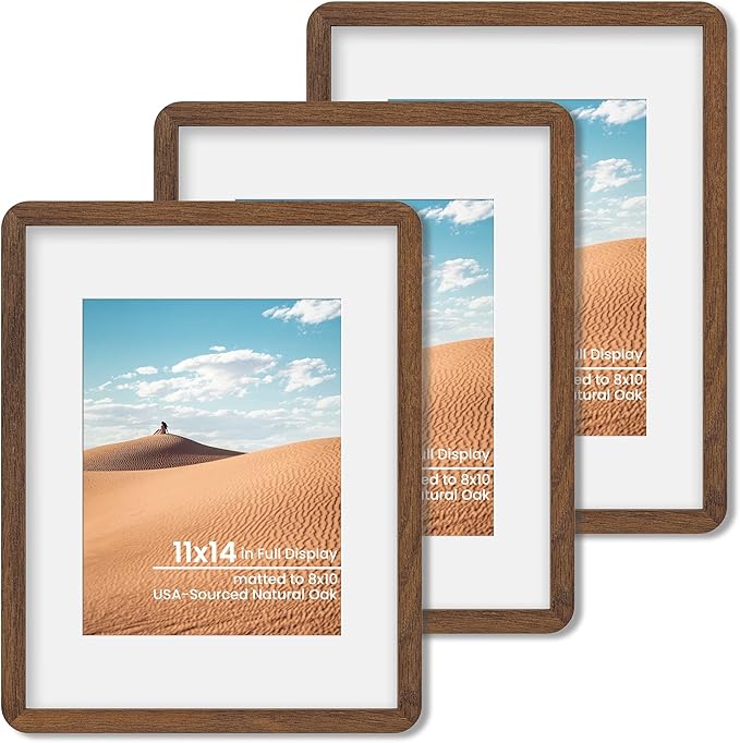 11x14 Round Corner Picture Frame, Solid Oak Photo Frame With Mat For 8x10, Plexiglass Framing And Hanging Hardware For Wall Or Tabletop Poster Frame, Walnut, 3 Pack