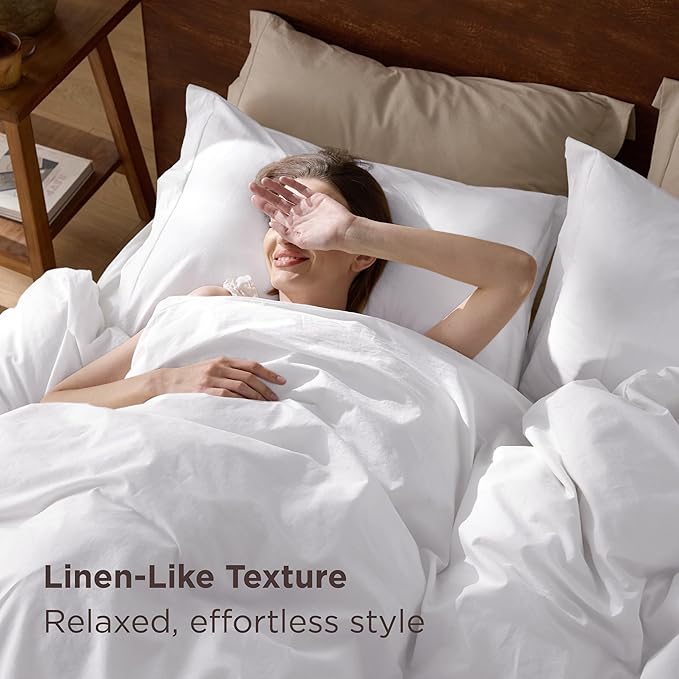 Bedsure 100% Washed Cotton Duvet Cover Twin - Bright White Minimalist Duvet Cover Linen Like for All Seasons - GentleSoft™ Plain Simple Bedding, 2 Pieces (Bright White, Twin, 68"x90")