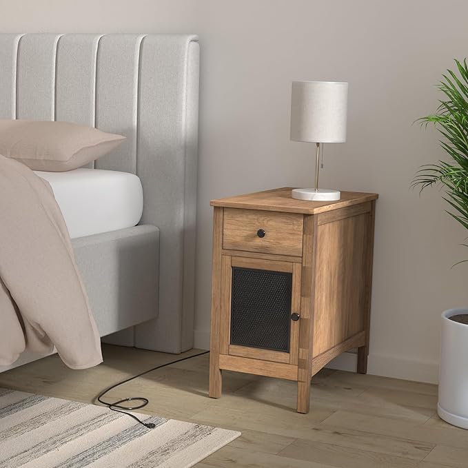 VASAGLE Side Table with Storage, End Table with USB Ports and Outlets, Nightstand with Charging Station, Drawer, Storage Cabinet, Magazine Rack, for Living Room, Bedroom, Rustic Walnut ULET312T41