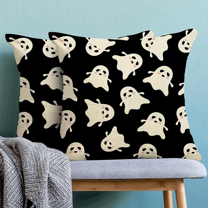 Halloween Decor Pillow Covers 18x18 Pack of 2 Black Beige Cute Ghost Throw Pillow Covers Outdoor Decoration,Fall Holiday Ghost Pillowcase Linen Decorative Cushion Case for Home Sofa Couch