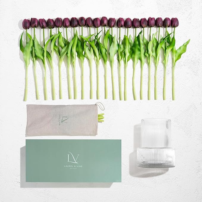 Purple Tulips with Vase Ribbed Glass Vase with 20 Realistic Artificial Flowers Gift Set. Fluted Clear Flower Vase and Fake Tulips Entryway Living Room Table Office Shelf Decor Faux Spring Decor