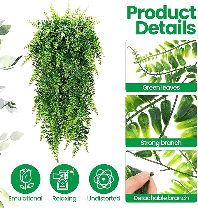 Geosar 64 Pcs Artificial Hanging Plants 32 Inch Hanging Boston Ferns Plastic Fake Plants for Wall Room Garden Wedding Garland Indoor Outdoor Decoration, No Basket