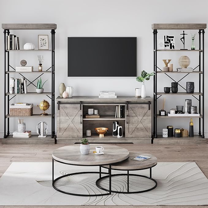 IDEALHOUSE Industrial Bookshelf Wood Bookcase 6 Tier Storage Open Rack Shelf with Metal Frame Rustic Tall Standing Bookshelves Large Grey Display Rack for Bedroom,Living Room and Home Office
