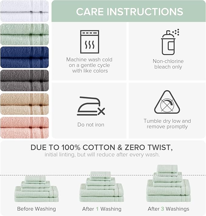 Comfort Spaces Luxury Bath Set - 6 Pieces (2 Bath Towels, 2 Hand Towels, 2 Washcloths) - 100% Cotton, Quick-Dry - Lightweight, Soft Seafoam Green