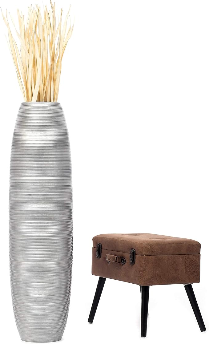 Leewadee Large Silver Home Decor Floor Vase – Wooden 43 inches Tall Farmhouse Decor Flower Holder for Fake Plant and Pampas Grass
