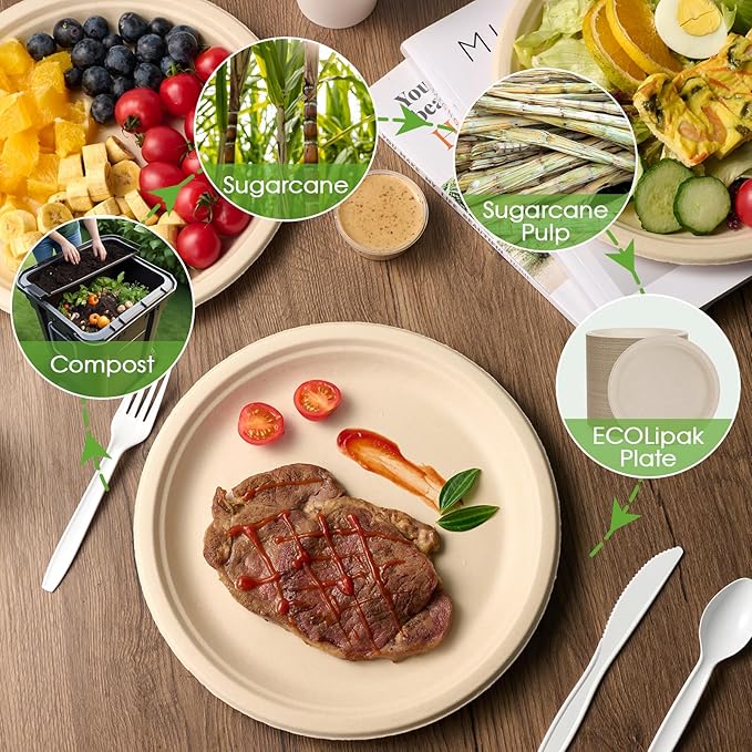 ECOLipak Paper Plates 10 Inch, 150 Pack Compostable Heavy Duty Disposable Biodegradable Sugarcane Bagasse Eco Friendly Paper Plates for Party Dinner