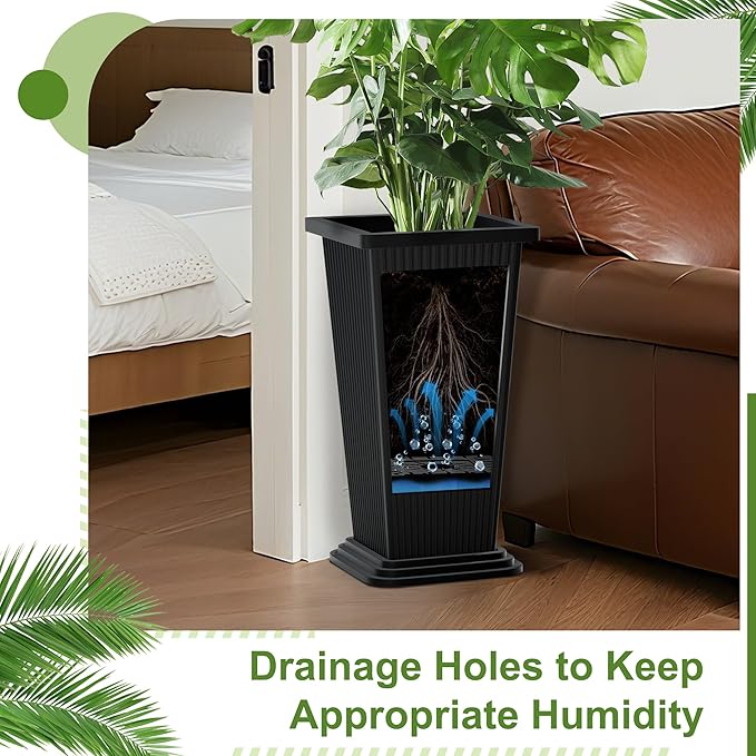 24-Inch Tall Planters Set of 2 for Outdoor and Indoor Use,Tapered Flower Pots with Drainage Tray, Front Porch and Patio Decor,Ideal for Large Plants (Stripes-Black)