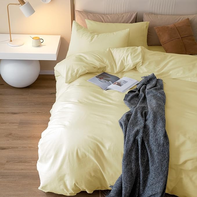 JIYUAN 100% Washed Cotton Duvet Cover Set 3 Pieces Full, 1 Duvet Cover 80x90 Inches(Comforter Not Included) and 2 Pillowcases,Linen Feel Bedding Set Comfy and Breathable,Light Yellow