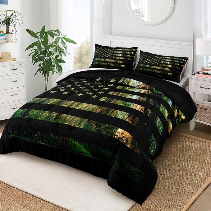 American Flag Comforter Set Queen Size Green Black Bedding Set Stars Stripes Geometric Pattern Green Camouflage Camo Farmhouse Western Bed Comforter Set for Boys Teens