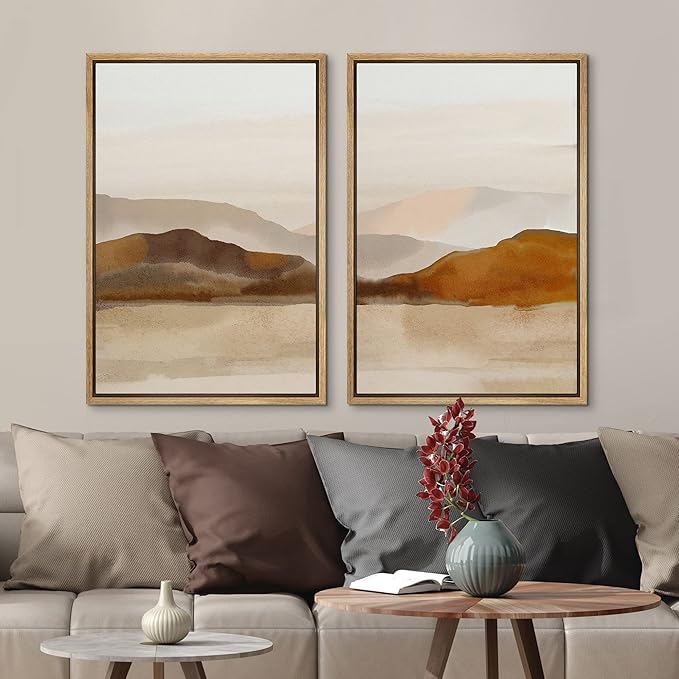 MUDECOR Framed Canvas Print Wall Art Pastel Brown Mountain Range Ocean Lake Wilderness Nature Illustrations Modern Art Decorative Calm/Relax Multicolor Rustic Minimal for Bedroom - 24"x36"x2 Natural