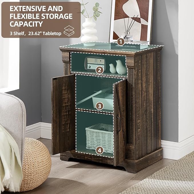 Farmhouse Bathroom Floor Cabinet, Freestanding Storage with Double Doors and Adjustable Shelves, Wooden Small Cabinet for Living Room, Bathroom, Dark Rustic Oak