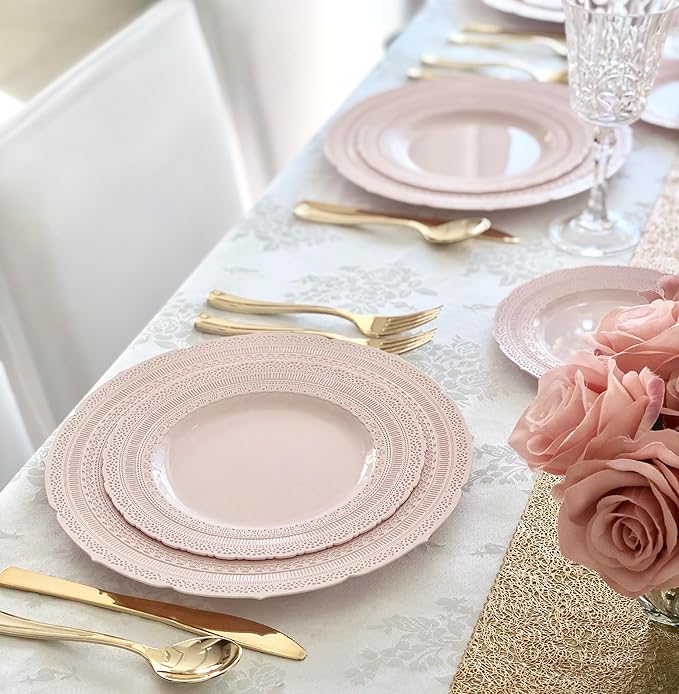 " OCCASIONS " 240 Plates Pack,(120 Guests) Extra Heavyweight Vintage Wedding Disposable/Reusable Plastic Plates 120x11'' Dinner+120 x 8.25'' Salad/Dessert Plate (Chateau Blush Pink)