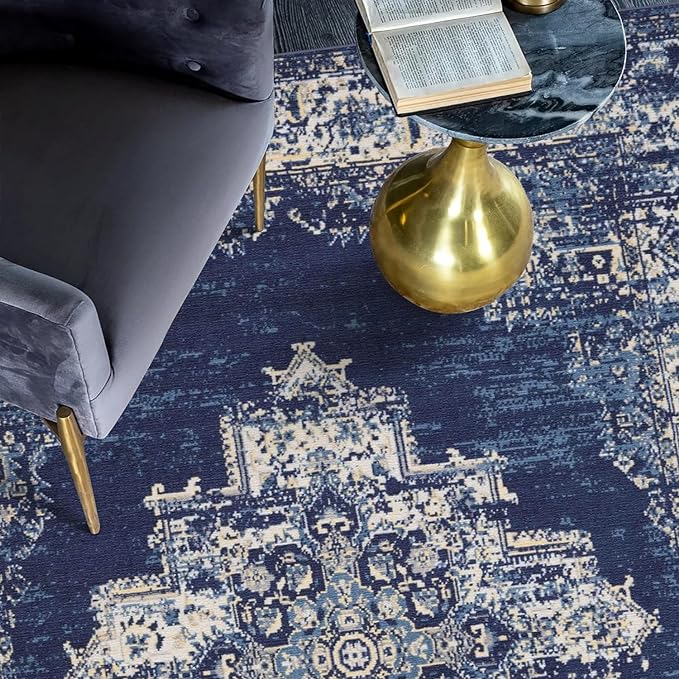 vivorug 5x7 Area Rugs - Ultra-Thin Washable Rug with Non-Slip Backing, Ideal for Living Room, Bedroom, Kitchen Floor Carpet - Vintage, Easy Clean, Durable, Navy Blue