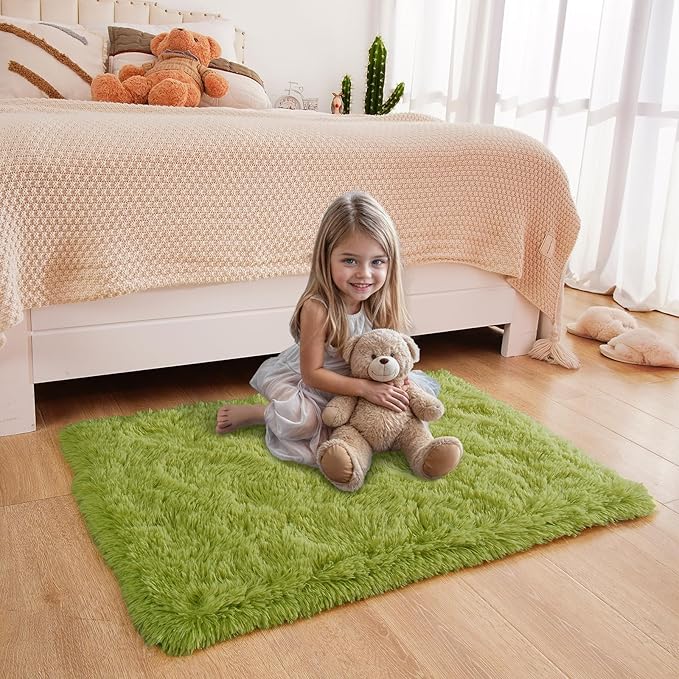 Green Rug for Bedroom, 2x3 Fluffy Area Rugs for Kids Playroom, Furry Carpet for Nursery Room, Shaggy Rug for Teen Living Room, Thick Fuzzy Plush Rug for Dorm, Cute Room Decor for Baby