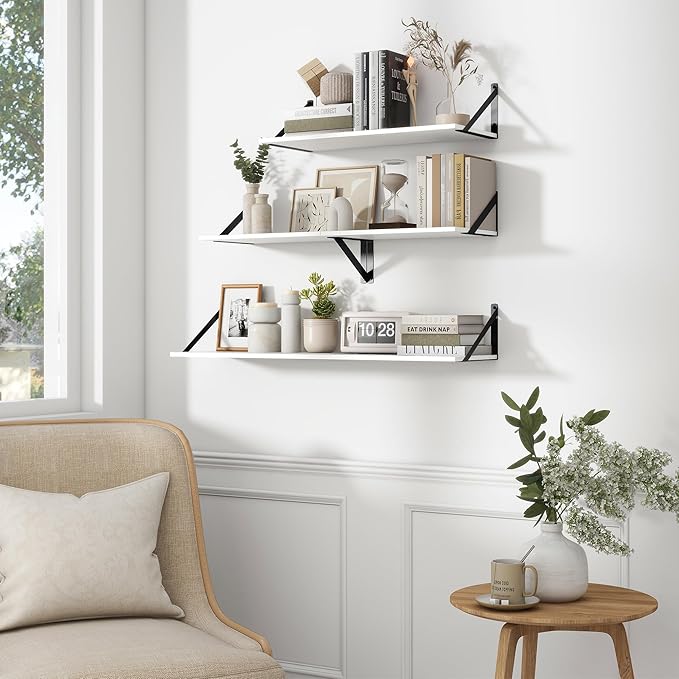 Fun Memories Deep Floating Shelves for Wall, 16W x 8D Wall Mounted Shelves Set of 2, Wide Display Ledge Shelf with Sturdy Metal Brackets for Living Room, Bathroom, Bedroom and Kitchen, White