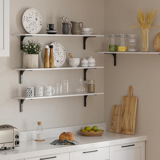 DINZI LVJ Long Wall Shelves, 55.1Inch Wall Mounted Shelves Set of 2, Extra Large Floating Storage Ledges with Sturdy Metal Brackets for Living Room, Bathroom, Bedroom, Kitchen, White