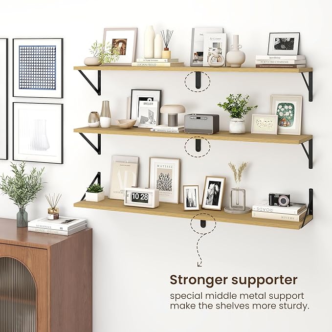 Fun Memories Deep Floating Shelves for Wall, 48W x 8D Wall Mounted Shelves Set of 2, Wide Display Ledge Shelf with Sturdy Metal Brackets for Living Room, Bathroom, Bedroom and Kitchen, Oak