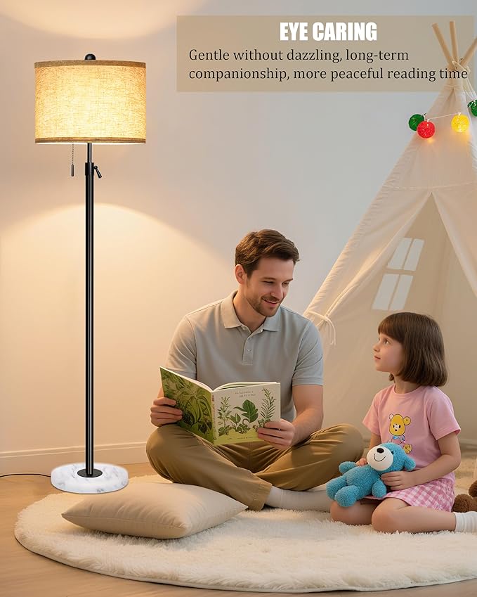 Floor Lamp for Living Room - Adjustable Height Standing Lamp with Marble Base & Linen Shade - Tall Pole Floor Light with 3 Color Temperatures Bulb for Bedroom, Reading - Easy Assembly