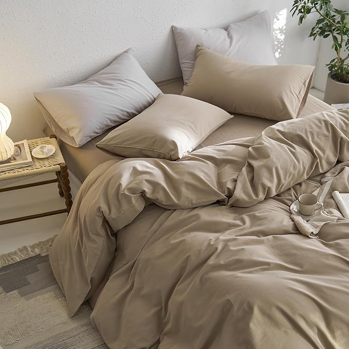 MooMee Queen Duvet Cover Set, 100% Washed Cotton Linen Like Twill Thick Sturdy Material Super Soft Breathable Durable Bedding for All Season, 3 Pieces (Mocha Brown, Queen 90"x90")