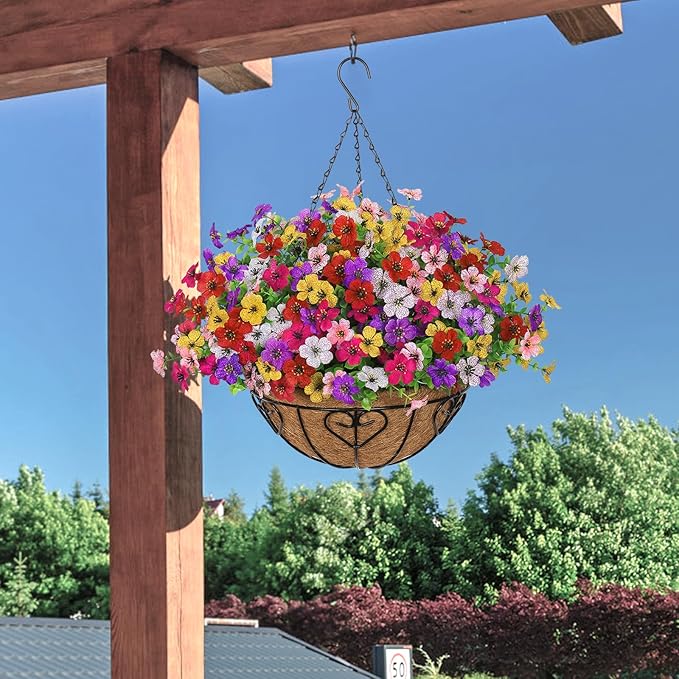 Alynsehom 1 Set Artificial Flowers with Hanging Basket, 1 Outdoor Hanging Plants with 12pcs Faux UV Resistant Fake Silk Azalea in Baskets for Porch Garden Patio Balcony Yard Home Decor(6 Colors)