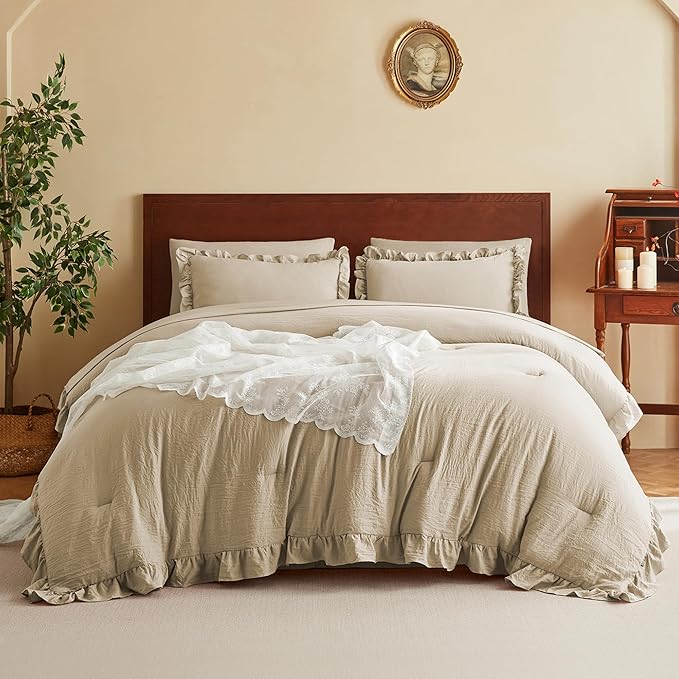 MR&HM Ruffle Comforter Set, Twin Comforter Sets for College Dorm,Linen Boho Bed in a Bag Set 5 Pieces with 1 Comforter,1 Flat Sheet, 1 Fitted Sheet,1 Pillowcases & 1 Pillow Shams for All Seasons