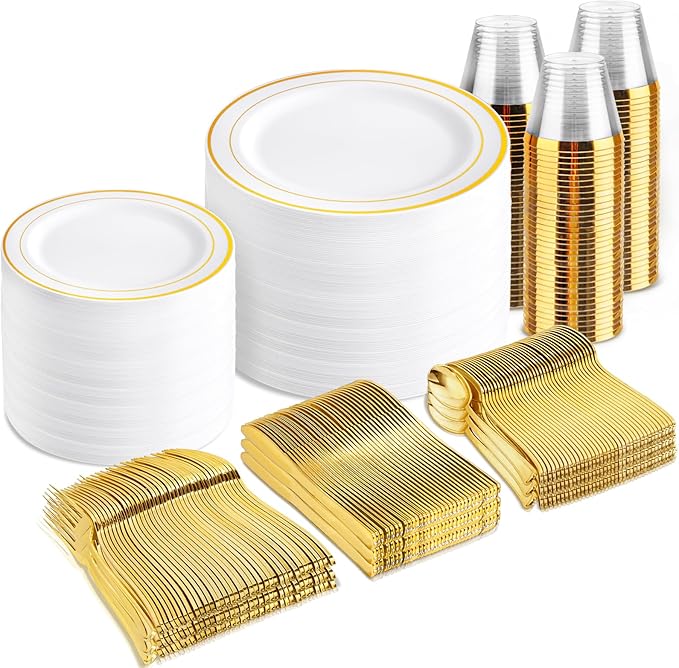 bUCLA 600Pcs Gold Dinnerware Set for 100 Guests - White and Gold Plastic Plates Disposable for party Include 100 Dinner&100 Dessert Plates,100 Cups,100 Forks,100 Spoons,100 Knives