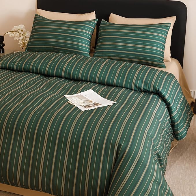 CLOTHKNOW Green Striped Twin/Twin XL Comforter Set 3Pcs Green Khaki Black Bedding Comforter Sets Ticking Farmhouse Comforter with 2 x Pillow Cases