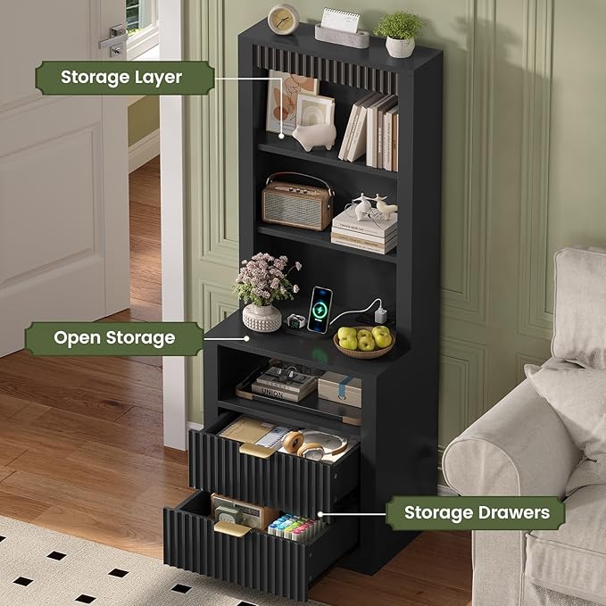 ADORNEVE Tall Fluted Nightstand Set of 2, Side Table with Drawers & Open Shelf, Mid Century Modern Night Stand with Metal Handle, Wooden Bedside End Table for Bedroom,Living Room,Black