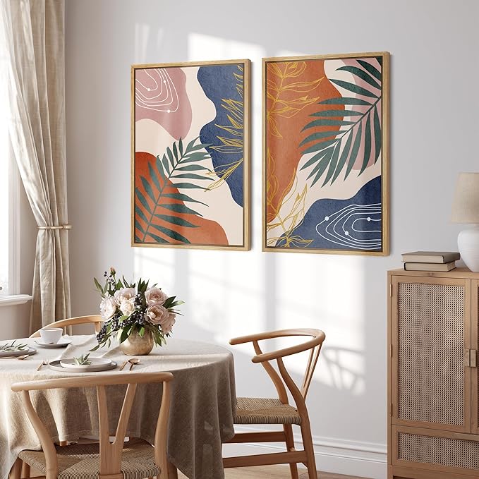 SIGNFORD Framed Canvas Print Wall Art Set Retro Mid-Century Geometric Forest Plants Abstract Shapes Illustrations Modern Art Decorative Bohemian for Living Room, Bedroom, Office - 16"x24"x2 Natural