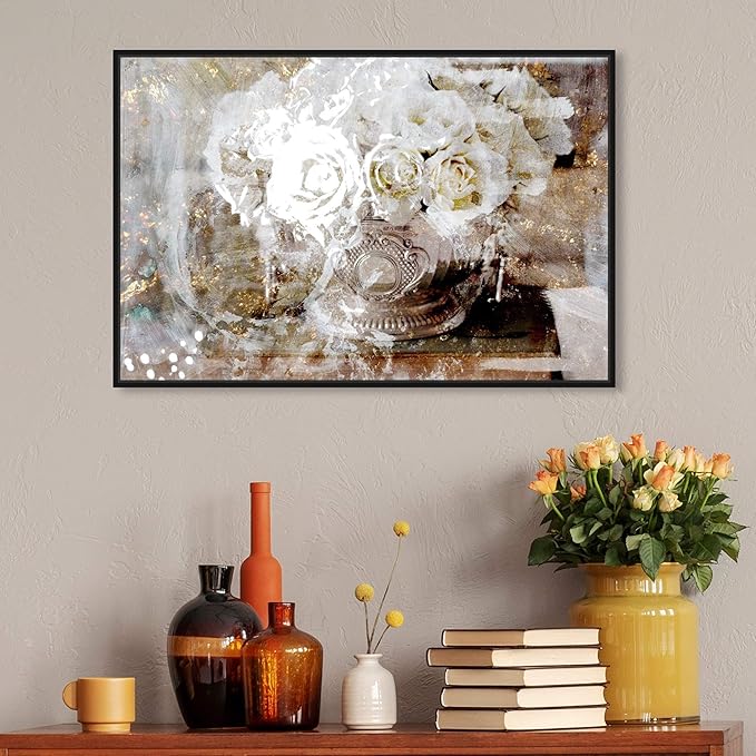 Floral and Botanical Framed Wall Art Canvas Prints 'Serving Roses' Florals, White, Gold, 30" x 20"