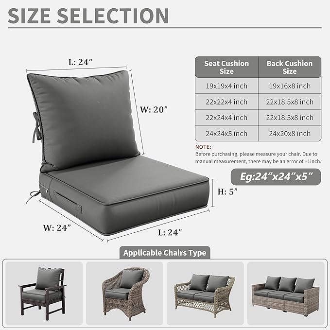Premium Outdoor Seat Cushion Chair Cushions for Patio Furniture 24 L X 24 W X 5 H Waterproof & Fade Resistant Deep Seat and Backrest Cushion Set with Removable Covers for Chair, Sofa