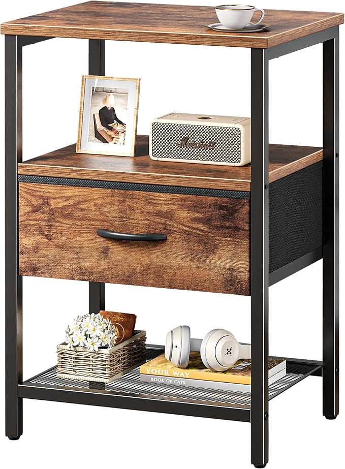 Huuger Night Stand with Fabric Drawer, Side Table with Mesh Shelf, Bedroom Nightstand, Fabric Drawer Dresser, Open Shelf, Metal Frame, Couch Side, Rustic Brown