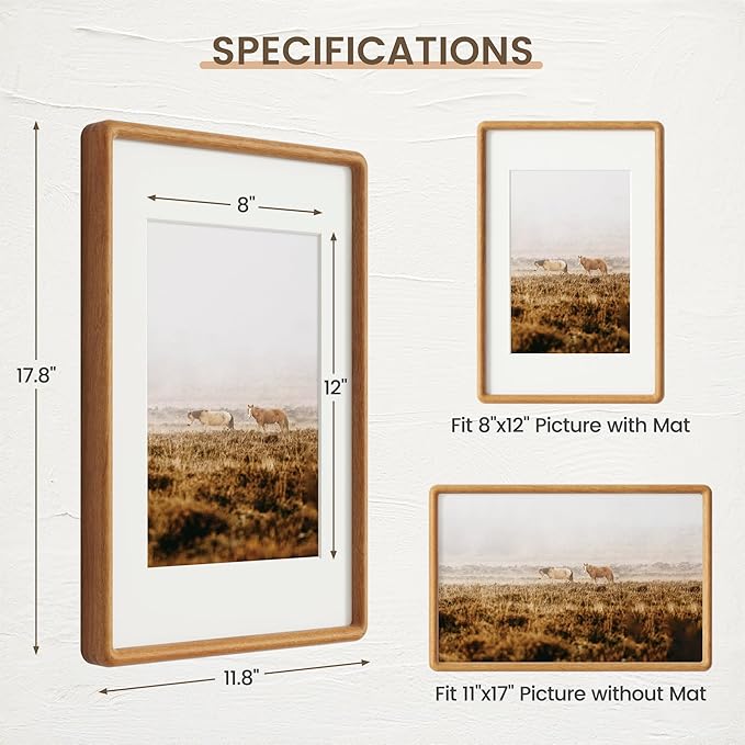11x17 Picture Frame, Solid Teak Wood Frame with Real Glass, Hard Wood 11 by 17 Photo Frame for Wall & Tabletop Display, 11x17 Picture Frame Matted to 8x12, Natural Teak Color