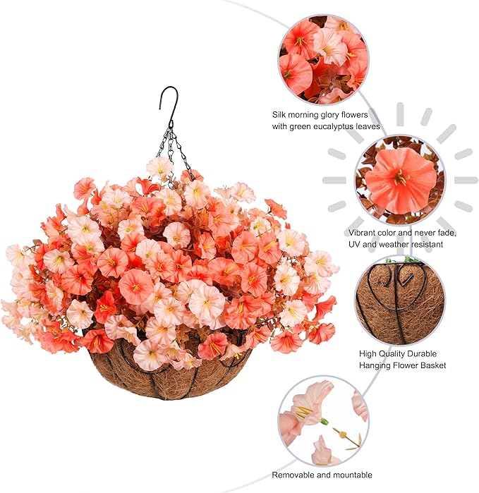 Artificial Fake Hanging Flowers with Basket for Fall Decoration, 12 Bundles Faux Silk Morning Glory Plants for Outdoor Planters, Realistic UV Resistant Artificial Flowers for Outside Porch Garden