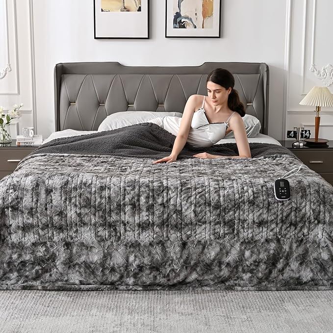 WOOMER Heated Blanket Full Size Electric Blanket 77"x 84", Soft Faux Fur Fast Heating Blanket, 10 Heating Levels & 0.5-12H Auto Off, Over-Heat Protection, ETL Certification