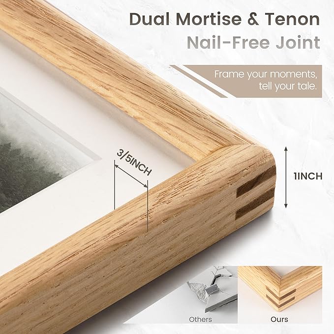 11x14 Picture Frame with 8x10 Mat, USA-Sourced Natural Oak Wood Photo Collage Frame with HD Tempered Glass, Double Mortise and Tenon Strips, Wall Display Horizontally and Vertically, 1 Pack