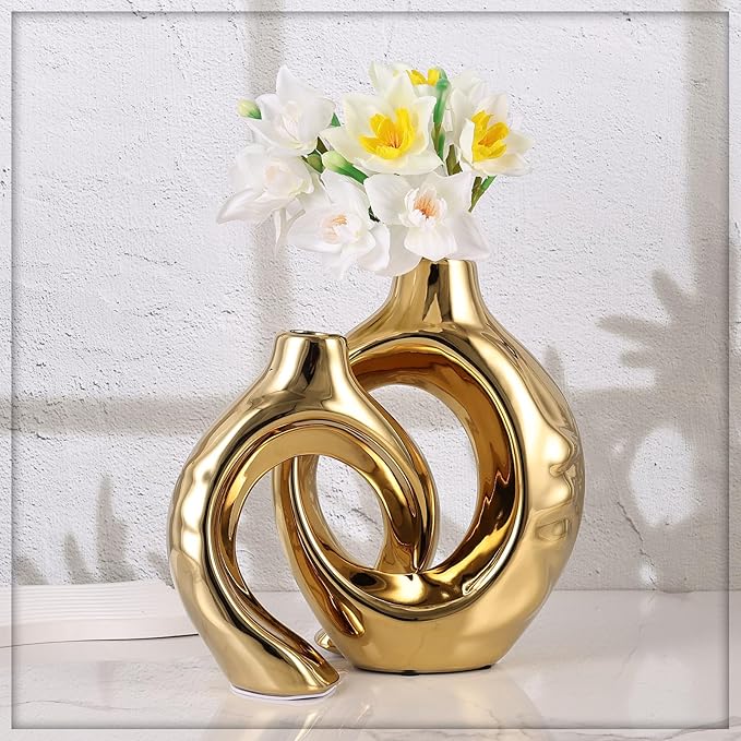 Gold Home Decor Ceramic Vase, Round Vase with Holes Set of 2, Suitable for Wedding Entrance Decoration, Bookshelf, Mantel, Unique Home Decor (Gold)