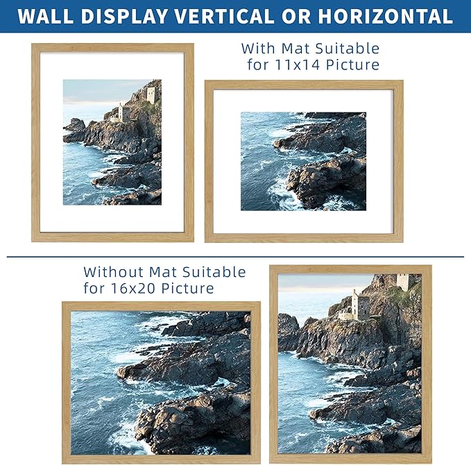 16x20 Frames Set of 2, Natural Oak Wood Style - Display 16 x 20 Picture without Mat or 11x14 Picture with Mat, Wall Mounting Horizontal and Vertical