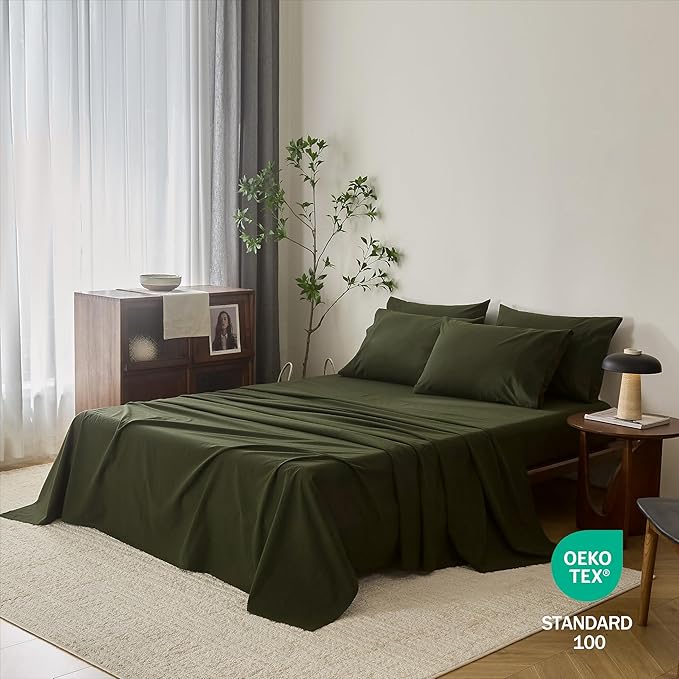 100% Cotton 6-Piece Queen Size 102" x 90" Bedding Set - Fitted Sheet, Flat Sheet & 4 Pillowcases with 17" Deep Pocket,Soft Breathable Bed Sheets for Cozy Sleep,Olive Green