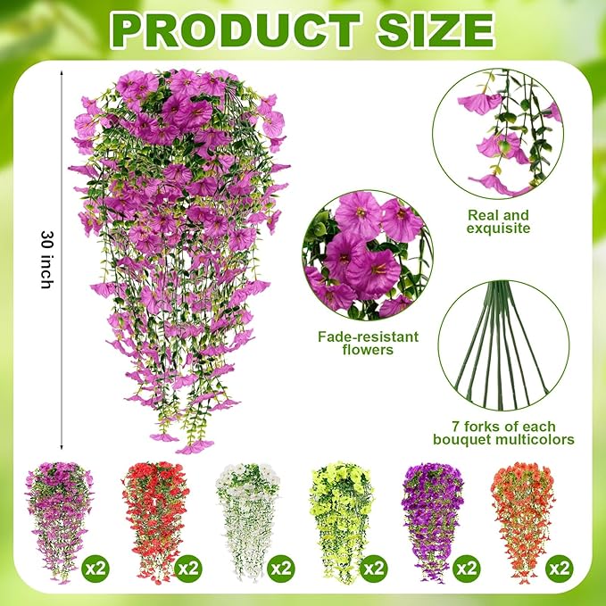 Zeyune 48 Pcs Artificial Hanging Flowers Plants for Outdoors Faux Hanging Plant Faux Silk Morning Glory with Eucalyptus Leaves Artificial Plants Summer Fall Decoration for Window Yard Garden Decor