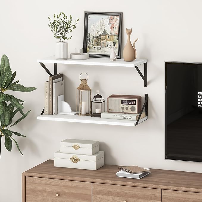 Deep White Floating Shelves for Wall, 24"W x 10"D Wall Shelves Set of 2, 10 Inch Deep Floating Shelf with Brackets, Wide Display & Storage Shelves for Books, Living Room, Kitchen, Bathroom