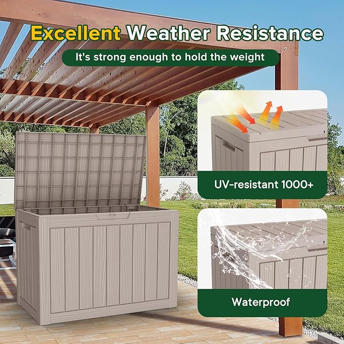 ROJIK Outdoor Storage Housing Deck Box - Waterproof Patio Furniture, Garden Tools, Cushions, Pool Accessories Storage Bench with Lockable Lid and Side Handles (Grey 48 Gal)