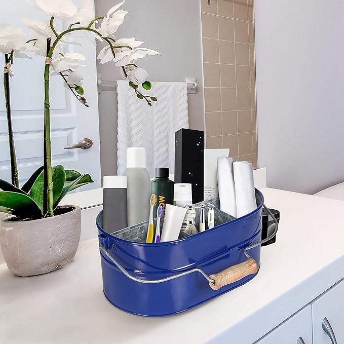 Alpha Living Home 4-Section Galvanized Utensil Caddy - Farmhouse Organizer with 4 Compartments and Wooden Handle - Versatile Storage for Kitchen, Outdoor & Party Essentials (Blue)