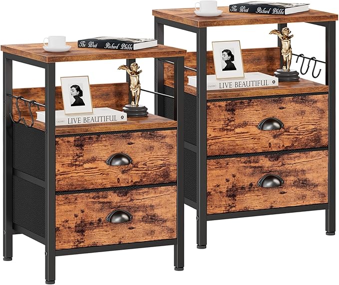 Furologee Nightstands Set 2, Bedside Table with 2 Fabric Drawers, End Table with Hooks and Shelf, Side Table for Bedroom/Living Room/Study/Hallway/Brown