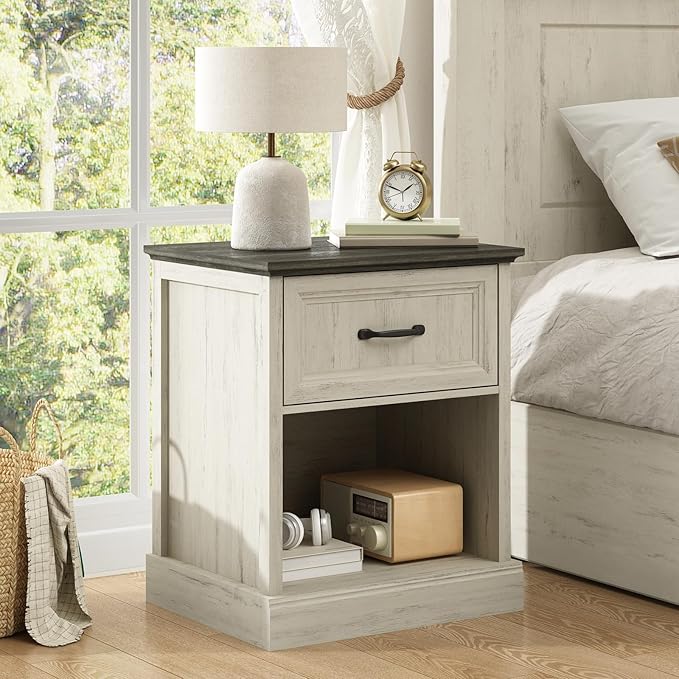 CARPETNAL 20" Farmhouse Nightstand, End Table with Large Drawers & Open Storage, Side Table, Bedside Cabinet for Bedroom, Living Room, White