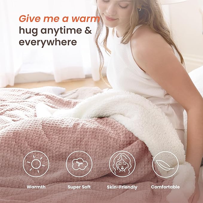 Heated Blanket Electric Blanket Full Waffle,72x84 Inches Sherpa Fleece Fast Heating Blanket 6 Heating Levels & 10 Hours Auto Off ETL Certification,Pink Full
