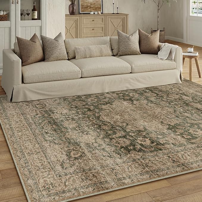10x14 Green Vintage Area Rug for Living Room Bedroom Large Traditional Low Pile Soft Carpet Non-Slip Thin Retro Distressed Accent Washable Throw Rug for Dining Room Office Kitchen Indoor