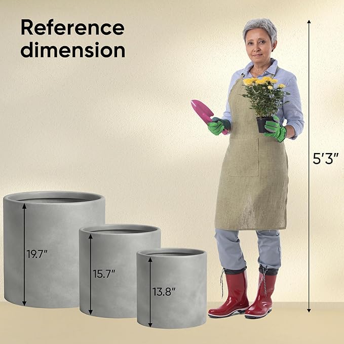 DTY Signature Mount Powell Fiberstone Planter - 16 Inch Extra Large Gray Cylindrical Mid-Century Modern Home Decor Indoor & Outdoor Plant Pot - Durable Planters for Indoor Plants, Outdoor Spaces